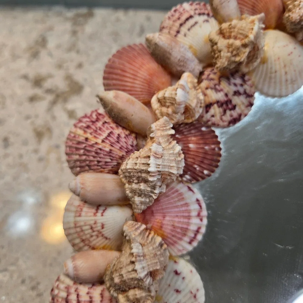 Vintage Handmade Seashell Wall Mirror Round Coastal Beach Decor Pink White 12